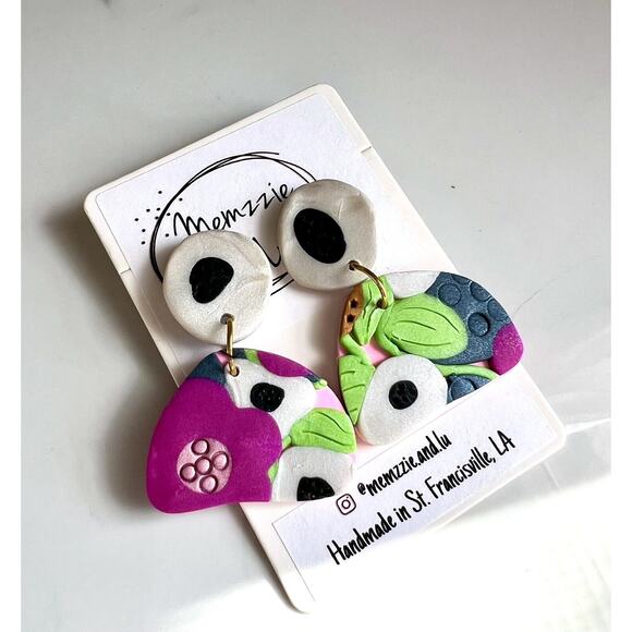 Handmade Polymer Clay Earrings Handcrafted Artwork Floral Organically Shaped - Picture 4 of 4